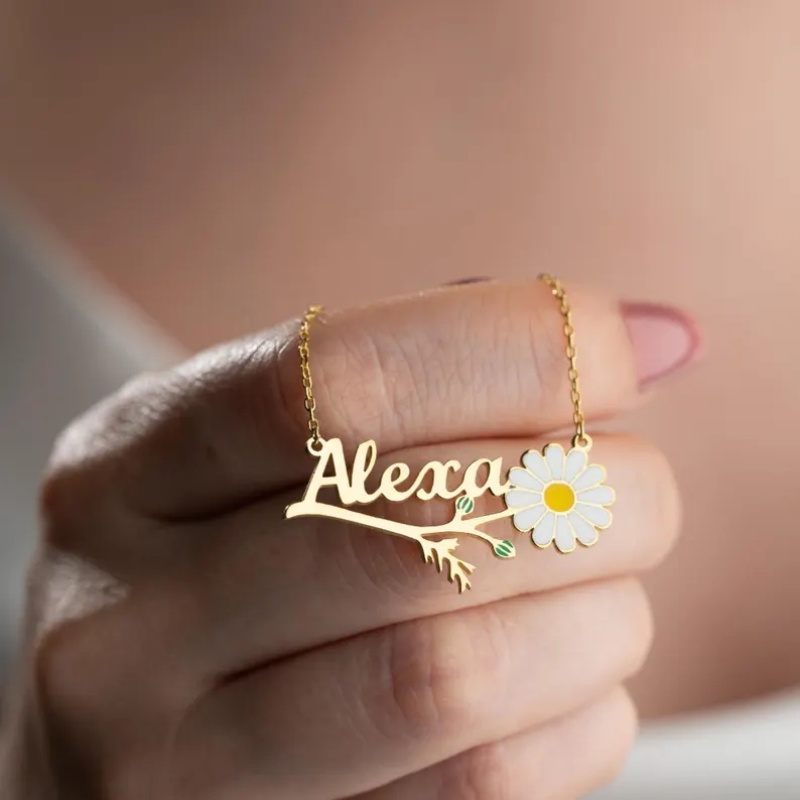 Birth Flower Necklace - Персонализированное цветное эмалевое ожерелье с именем