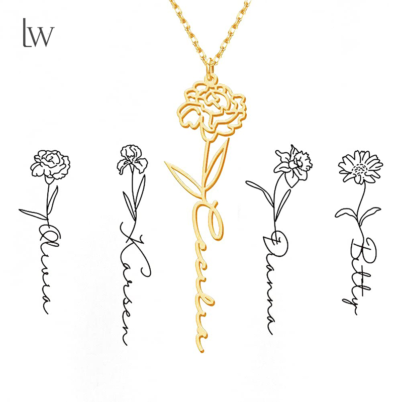 Birth Flower Necklace - Персонализированное ожерелье с именем цветка рождения,